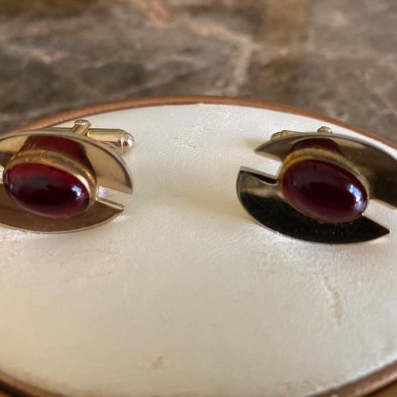 Vintage Anson Modernist Cufflinks – Red Lucite Cabochon – Mid Century Atomic Spa - Picture 5 of 6